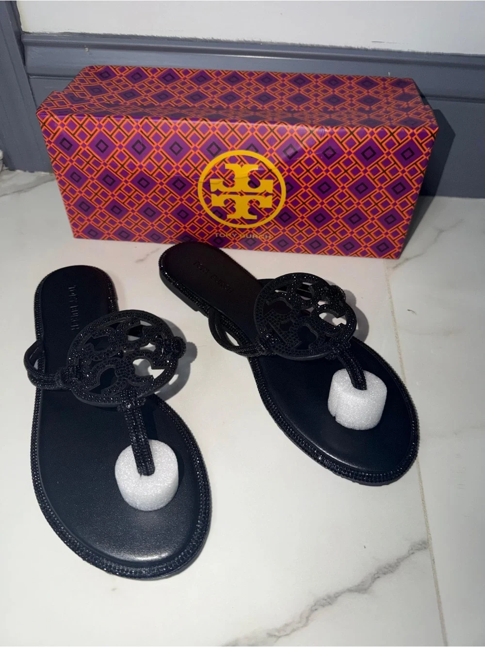 Tory Burch Black Jeweled Miller Thong Sandals